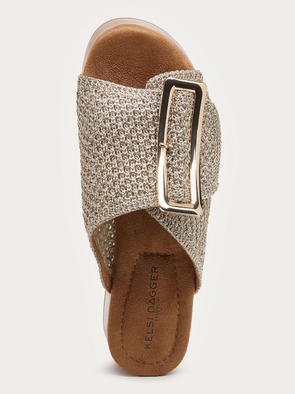 Kelsi Dagger Dover Crochet Mesh Platform Sandal Oversized Gold Buckle Sz 7.5 NEW